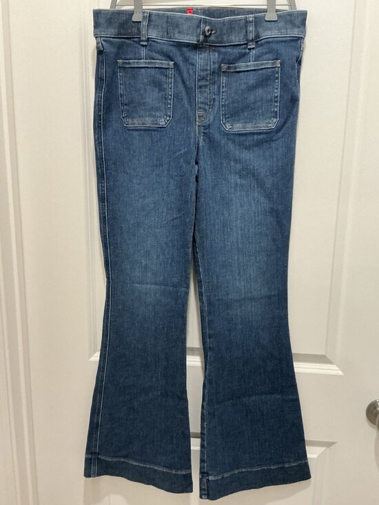SPANX Denim - Spanx Shape Easy Flare Blue Jean Large Patch Pockets Stretch